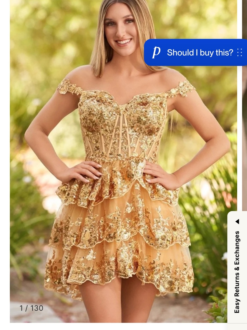 Gold Floral Lace Off-Shoulder Homecoming Cocktail Corset Dress
